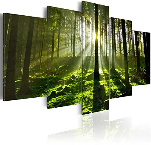 B&D XXL - Leinwandbild Wald Natur Bäume, 200x100 cm, 5-teilig, Schlafzimmer | Hochwertige Leinwand, sofort aufhängbar, ideal fürs Wohn- oder Schlafzimmer, wasserfest und lichtecht, langlebig, stilvoll