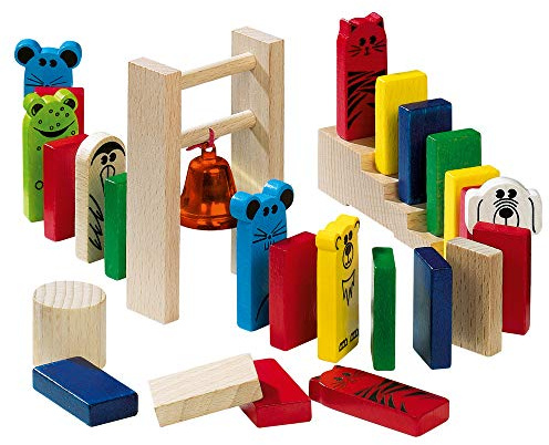HABA Purzelklötze – Kreatives Domino-Set aus Holz für Kinder ab 3 Jahren – Für fantasievolles Bauen & Spielen – 263 Teile – Inkl. Tierdominos & Glockenturm – 1001172001