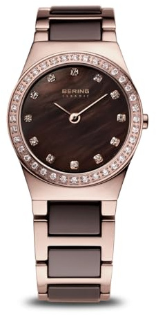 BERING Damen Quarz Uhr | Armbanduhr 26 mm Edelstahlgehäuse und Zifferblatt | Edelstahlband mit Keramikelementen | 5 ATM | 32426