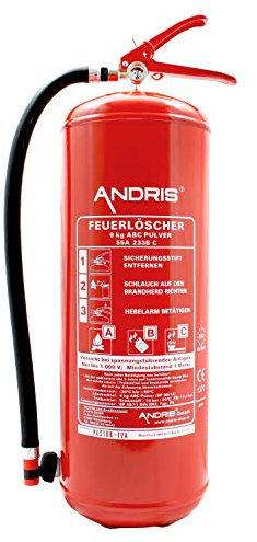 Feuerlöscher 9kg ABC Pulverlöscher mit Manometer 15LE, EN 3 inkl. Wandhalterung, Orig. ANDRIS® ISO Symbolschild & ANDRIS® Prüfnachweis
