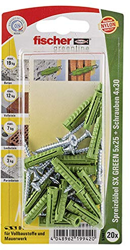 Fischer Spreizdübel SX Green 5x25 S K, 20 x Spanplattenschraube 4 x 30, 524817