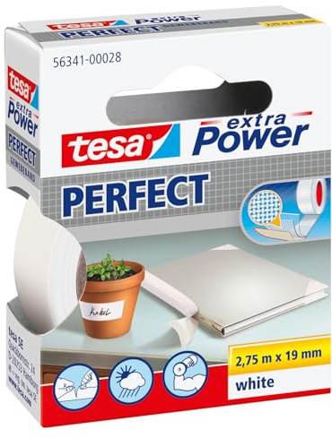 tesa Extra Power Perfect Cloth Tape - Fabric-Reinforced Repairing Tape for Crafting, Repairing, Fastening, Reinforcing and Labelling - White - 2.75 m x 19 mm