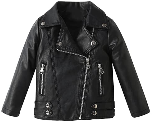 Girls Boys Biker Jacket Faux Leather Rivets Leather Motor Jacket For Kids Black 5-6Years