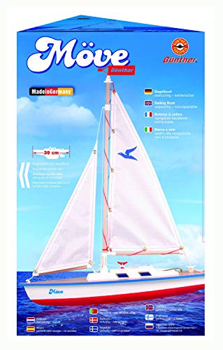 GÜNTHER FLUGSPIELE - 1806 - Segelboot Möve, ca. 39 x 50 cm, Segeljacht mit einstellbarem Großsegel und Ruderblatt, lackiertem Holzdeck und Speziallackierung, für den Gartenteich, Strand und Meer