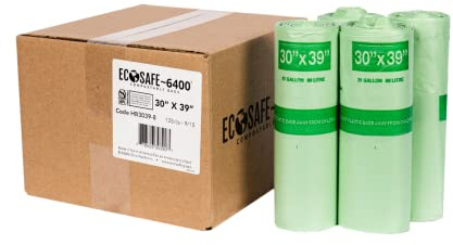 EcoSafe-6400 HB3039-8 Certified Compostable Bag - 30x39” Green Bags for 30 Gallon Bin - Extra Strong Leak, Puncture and Tear Resistant Food Scraps Bin Liners, Pack of 135