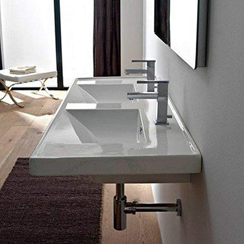 Scarabeo 3006-Two Hole ML Rectangular Double Ceramic Self Rimming/Wall Mounted Bathroom Sink, White
