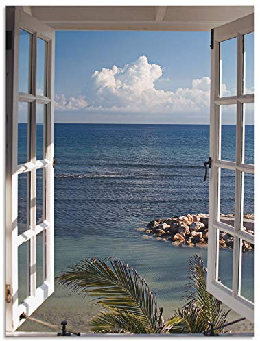 ARTland Wanddeko Wandbild Alu Verbundplatte für Innen & Outdoor Bild 60x80 cm Fensterblick Fenster zum Paradies Strand Meer Maritim Palmen Landschaft T9II