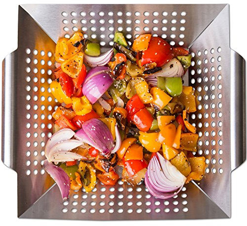 Grill Basket Wok Topper Pan Smoker for Grilling Barbecue Vegetables Fish Stir Fry Seafood Kabob Pizza or Veggies 100% Heavy Duty Stainless Steel BBQ Camping Cookware Charcoal Gas Outdoor Accessories
