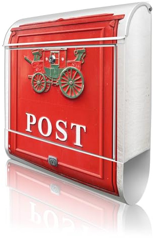 banjado Design Briefkasten 38,5x46,5x13cm & 2 Schlüssel - Briefkasten Stahl Weiß mit Zeitungsfach pulverbeschichtet - Postkasten A4 Einwurf inkl. Montagematerial - Motiv Postkasten Nostalgie
