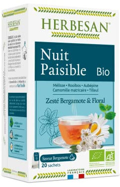 HERBESAN®-INFUSION NUIT PAISIBLE BIO - Saveur Bergamote - Zesté Bergamote & Floral -Sans plastique- 100% plantes - 20 sachets en papier