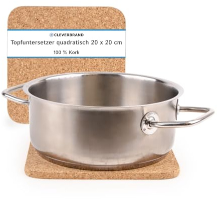 Cleverbrand Topfuntersetzer aus Kork, hitzebeständig, ca. 20 x 20 cm, 10 mm stark, quadratisch, Naturkork Untersetzer für Töpfe und Pfannen - Made in Portugal