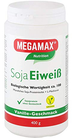 MEGAMAX Soja Eiweiß + Taurin + L-Methionin Vanille 400 g Glutenfrei | Sojaeiweiß-Isolat Low Carb | pflanzliches Eiweiss, Laktosefrei, Aspartamfrei | Veganes Protein für Muskelaufbau und Muskelerhalt