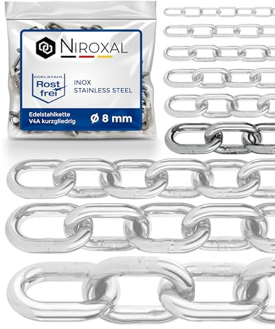 4-meter 8-mm tjock rostfri kätting V4A styckevara från NietFullThings Ankarkedja DIN 5685 DIN 766 metervara Rostfri Niro Inox rundlänkad kätting Avspärrningskätting Bojkätting 4-m