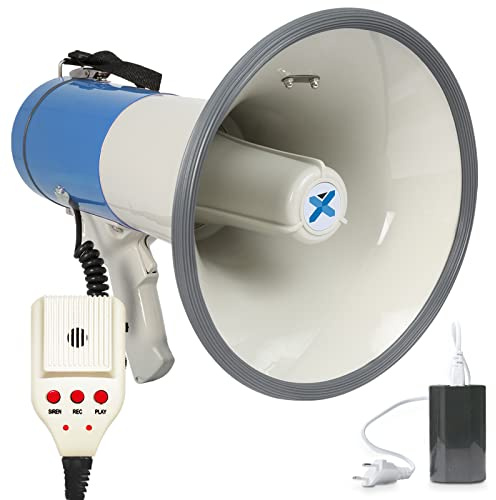 Vonyx MEG065 Akku Megafon mit Sirene und Mikrofon, Aufnahmefunktion, 65 Watt, bis 1 KM, MP3, USB, SD, AUX, Megaphon mit Umhänge-Gurt, blau-weiß