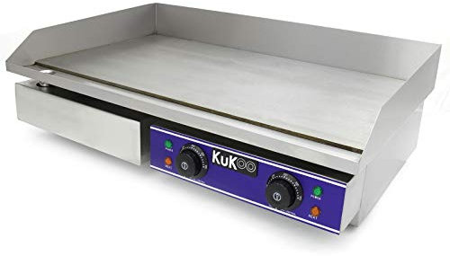 Plancha Antiadherente Eléctrica de 70cm de Acero Inoxidable Grill Parrilla de Asar Cocina Cocción Barbacoa BBQ+Protector contra Salpicaduras+Cajón Drenaje para Grasa+Termostato Ajustable