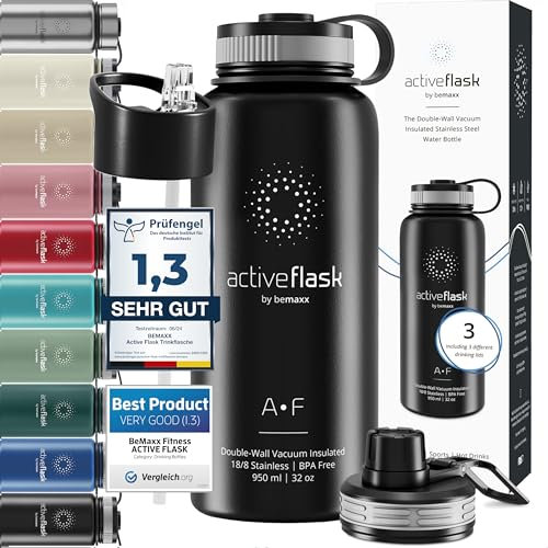 Gourde Inox Isotherme ACTIVE FLASK 1l/500ml sans BPA + Paille (3 Bouchons) | Bouteille d’eau Acier Inoxydable Isolée, Thermos Réutilisable | Camping Velo Sport Running Randonnée Enfant, Café The