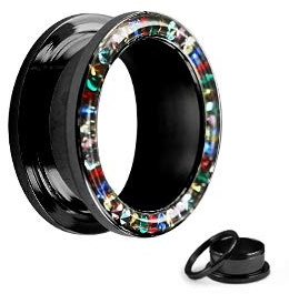 Treuheld | KRISTALL Flesh Tunnel zum Schrauben - SCHWARZ mit BUNTEN Steinen - 17 Größen: 3-30mm - mit Kristallschutz! - Edel-Stahl - Strass Ohr-Tunnel schraubbar mit Gewinde - Piercing Ohr-Plug