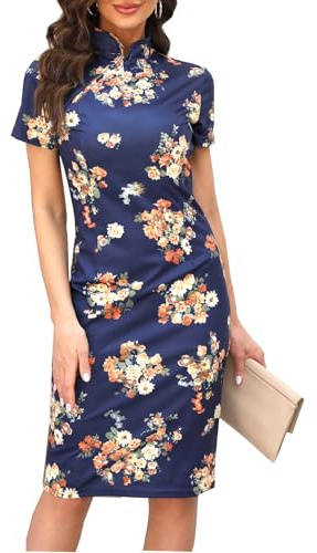 oxiuly Women's Retro Print Stretch Short Sleeve Stand Collar Sheath Dress OX183 (L, Dark Blue)