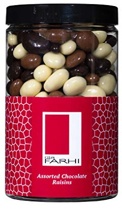 Rita Farhi Milk, Dark and White Chocolate Covered Raisins in a Gift Jar | Vegetarian and Chocolate Gift, Luxury Christmas Chocolate Gift - Chocolate Coated Fruit - 350 g - Palm Oil Free Recipe