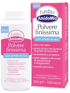 Euphidra - AmidoMio, Polvere Finissima, 40% Amido di Riso, Azione Lenitiva e Rinfrescante, Mantiene la Pelle Asciutta e Protetta, Senza Talco, 100 g