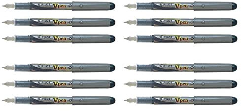 Pilot V-Pen Silver Disposable Fountain Pen with Medium Tip - Pack of 12 - Black