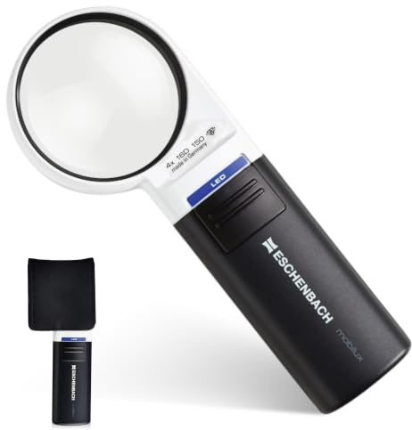 Eschenbach Optik Lupe Handlupe mit LED-Beleuchtung mobiluxLED Vergrößerung: 4x Linsengröße: (Ø) 60mm | Drei Farbfilter ermöglichen eine individuelle Anpassung der Beleuchtung an Umgebung und Sehbedürfnisse