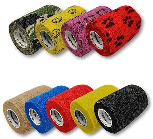 LisaCare Fixierbinde 7,5cm x 4,5m | 9er-Set mit Motiven & Farben | Kohäsive Bandage | Wundverband | Pflasterverband | elastisch, dehnbar, selbsthaftend, ohne Kleber | Pflaster selbsthaftend mit bunten Motiven - Für Mensch & Tier in jeder Situation - Als normales Wundpflaster, Druckverband