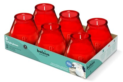 Bolsius – Outdoorkerzen - 6 Stück - Im Glass - Rot - Brenndauer 70 Stunden - Ohne Palmöl - sauberes Abbrennen - Baumwolldocht