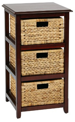 OSP Home Furnishings Seabrook Storage Tower with Solid Wood Frame and Natural Baskets, 3-Drawer, Espresso Finish