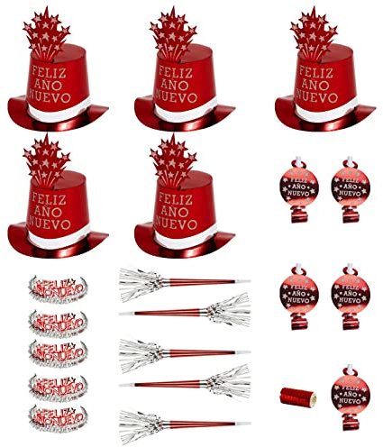 W WIDMANN MILANO Party Fashion - Party-Set Feliz Ano Nuevo, Rot, Set aus 5 Partyhüten, 5 Kronen, 5 Partytrompeten, 5 Tröten und 1 Pack Luftschlangen
