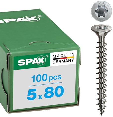 SPAX Universalskruv av rostfritt stål, rostfritt A2, 5,0 x 80 mm, 100 stycken, T-STAR plus, försänkt huvud, helgängad, 4CUT, 1197000500803