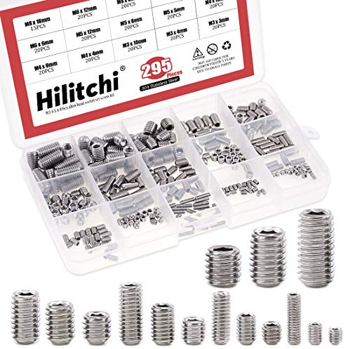 Hilitchi 295Pcs M3/4/5/6/8 304 Stainless Steel Set Screw Assortment with Internal Hex Drive and Cup Point, Metric