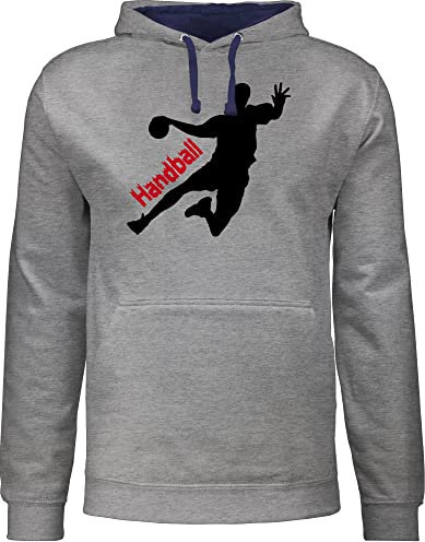 Pullover Herren Frauen Hoodie Kontrast zweifarbig - Handball EM 2026 Trikot Ersatz - Handballer mit Schriftzug - XS - Grau meliert/Navy Blau - hanball hoodies halbball pulli handball. pullis