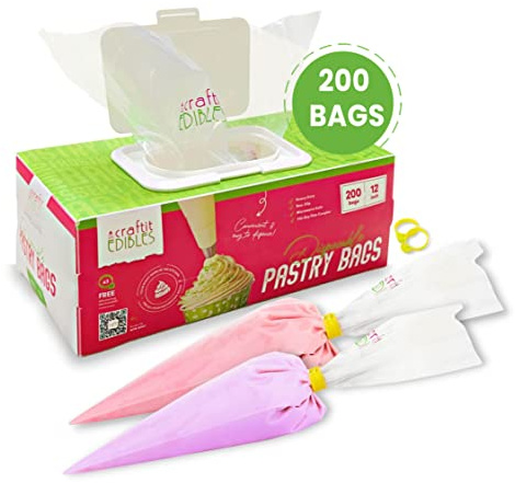 Icing Piping Bags 12 Inch Small Disposable Pastry Bags – 200 Heavy Duty Durable Small Piping Bags + 2 Ties –Bakers Choice Microwaveable Small Frosting Bags Set – Baking Supplies by Craftit Edibles