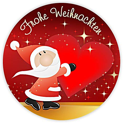 Weihnachtsaufkleber Weihnachtssticker Frohe Weihnachten mit Weihnachtsmann und Herz rund Ø 30 mm, 100 Stück auf Rolle, Haftpapier glänzend