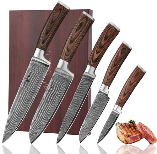 Wakoli EDIB Damastmesser Set (5-teilig) Küchenmesser Set aus 67 Lagen Damaststahl mit VG10-Kern, Pakkaholzgriffen, extrem scharfe Kochmesser, Chefmesser, Santoku, Fleischmesser, Gemüsemesser - Holzbox