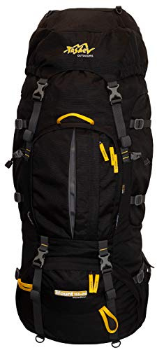 Tashev Outdoorors Mount trekkingryggsäck vandringsryggsäck kvinnor män ryggsäck stor 100 l plus 20 l med regnskydd svart och gul (tillverkad i EU)
