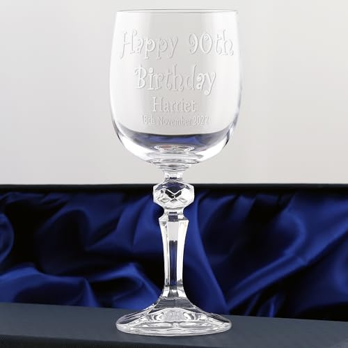 De Walden 90th Birthday Lead-Free Crystal Engraved Wine Glass | Personalised Wine Goblet, Ninetieth Birthday, Satin Lined Presentation Box, Mum, Grandma, Wife, Dad, Grandad, Husband