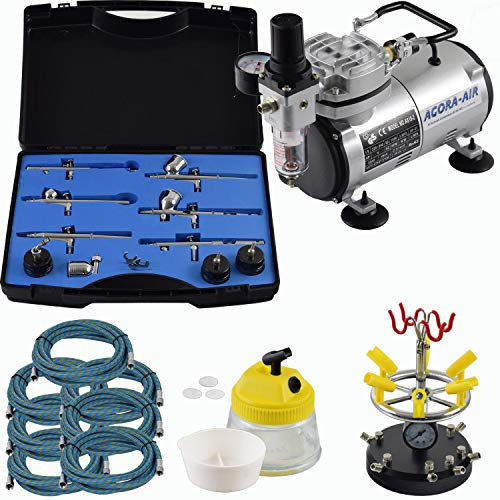 Agora-Tec® Airbrush Komplett-Set EXPERT XXV.2, Komplettsystem für Airbrushanwendungen, inkl. Kompressor mit 4 bar und 20l/min + 6 Airbrushpistolen mit 6 versch. Nadeln/Düsen + 8-fach Pistolenhalter + Clean Pot + 7 Schläuche
