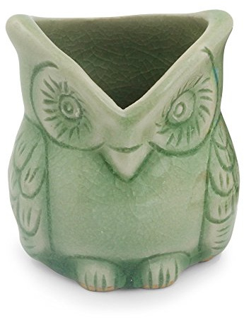 NOVICA Happy Green Owl Celadon Ceramic Toothpick Holder