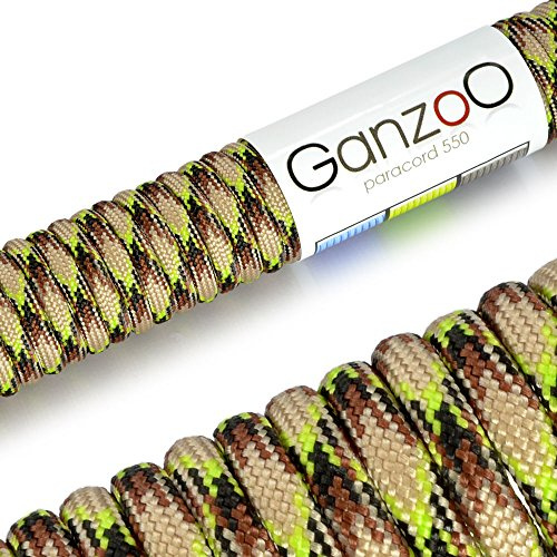 Ganzoo Paracord 550 Outdoor-Seil Typ 3, Nylon-Polyester Kernmantel, 4 mm Stärke, 31 m/100 Fuß, 7 Kernstränge, Allzweck-Schnur für Camping, Survival, Hundeleine, Armband, Camouflage braun hellgrün