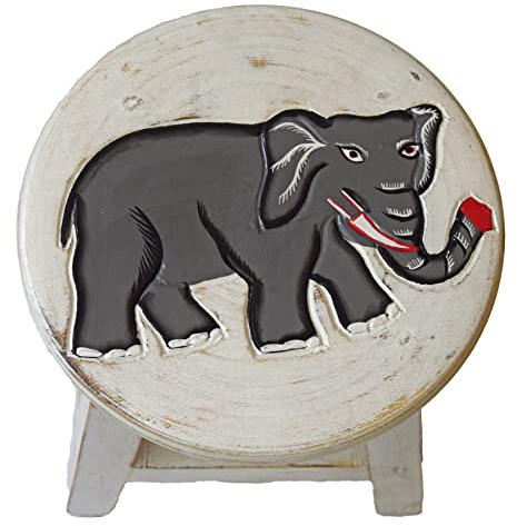 Simandra Holzhocker Kinderhocker Hocker Sitzhocker Fußbank Massivholz Schemel Stuhl mit Tiermotiv Deko weiß Farbe Elefant