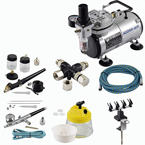 Agora-Tec® Airbrush Komplett-Set EXPERT XI.1, inkl. Kompressor mit 4 bar & 20l/min + 2 Airbrushpistolen mit 0,2 & 0,3 & 0,5 & 0,8mm Nadeln/Düsen + 3-fach Luftdruckverteiler + 4-fach Halter + Clean-Pot + 2 Schläuche + Adapter