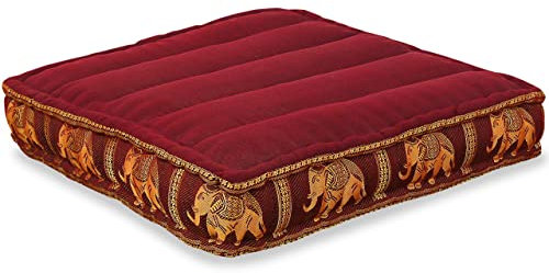 livasia Sitzkissen Boden Thaiseide - 50x50x10cm - Bodenkissen Indoor/Outdoor, Meditationskissen Yogakissen, Stuhlauflage Palettenmöbel, Steppkissen Bank handgefertigt (Rot/Elefanten Seide)