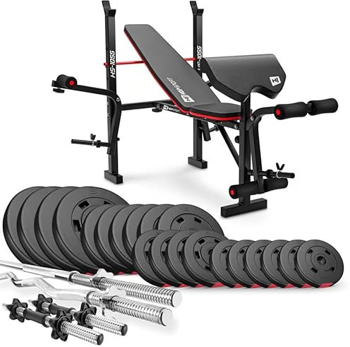 HOP-SPORT® Banc de Musculation Pliable HS-1055, Pupitre de Curl, Papillon, Presse Jambes et Set de disques de poids en plastique de 105 kg alésage 31 mm et barres d'haltères longue et curl SZ, Noir