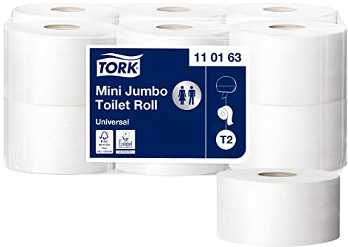 Tork 110163 Mini Jumbo Toilettenpapier in Advanced Qualität für das Tork T2 Mini Jumbo Toilettenpapiersystem / Toilettenpapier 1-lagig in Weiß, 12 x 1.714 Blatt | in Advanced Qualität für das Tork Toilettenpapiersystem / Toilettenpapier 1-lagig in Weiß