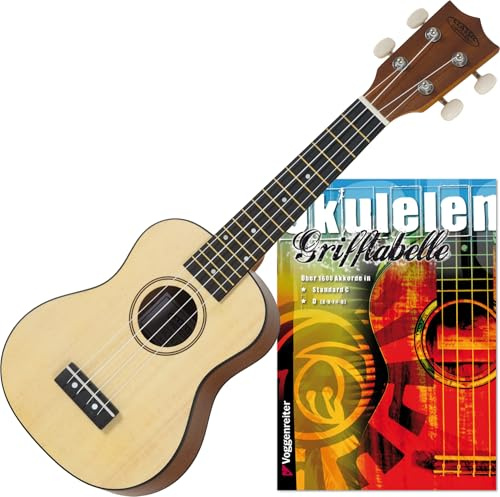 Classic Cantabile Sopran Ukulele Natural Set inkl. Grifftabelle, 15 Bünde