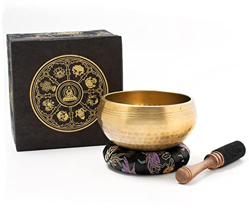 Klangschale aus Nepal in Antik-Optik I 300-350 g I für Meditation, Achtsamkeit & Yoga I Geschenk-Box aus Naturpapier in traditionellem Design I Inkl. Klöppel/Ring I Echte Handarbeit aus Nepal