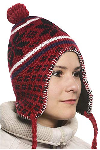 Peruvianische Mütze Chullo Ch'ullu mit Bommel, Unisex, Rot, Einheitsgröße