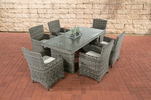 CLP Polyrattan Sitzgruppe Fontana Mit Polsterauflagen | Garten-Set: 1 Esstisch Mit Glasplatte und 6 Stühle, Farbe:grau-meliert, Polsterfarbe:Cremeweiß